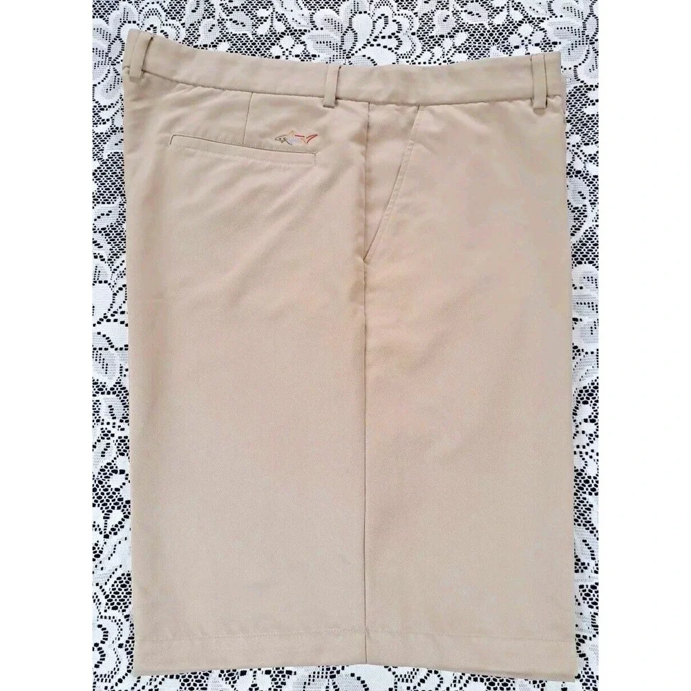 Greg Norman Golf Shorts Men Sz 42 Tan Flat Front Slash Pockets Polyester Pre-own